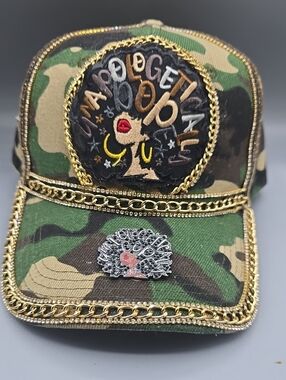 Camouflage Chain-Trim Baseball Cap with Embroidered Patch